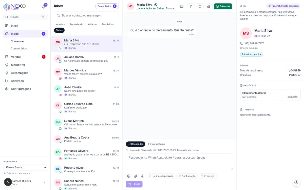 Inbox do Nexo Flow: lista de conversas, conversa aberta no WhatsApp e painel do contato com a sugestão da IA