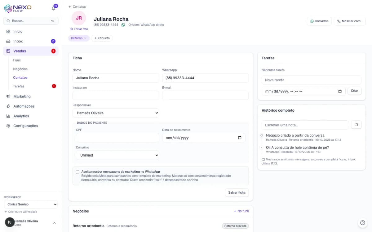 Ficha do contato no Nexo Flow com dados, etiqueta, tarefas e histórico completo